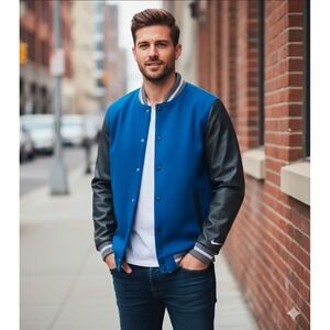 Nike Varsity Jacket‎ Mens Letterman Bomber Medium Blue Gray DJ5971-493 New